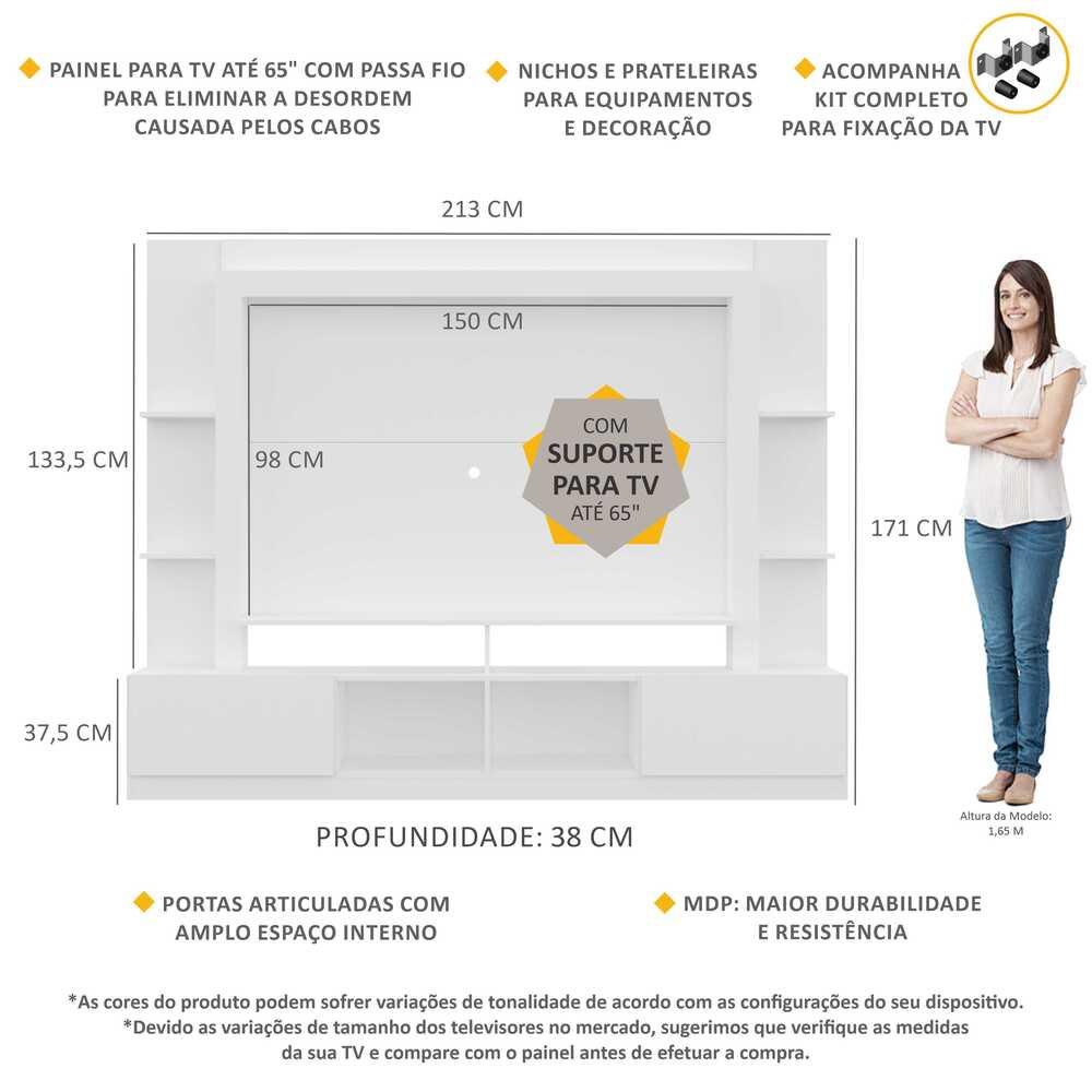 Rack Estante com Painel e Suporte TV 65" e 2 portas Oslo Multimóveis Branco
