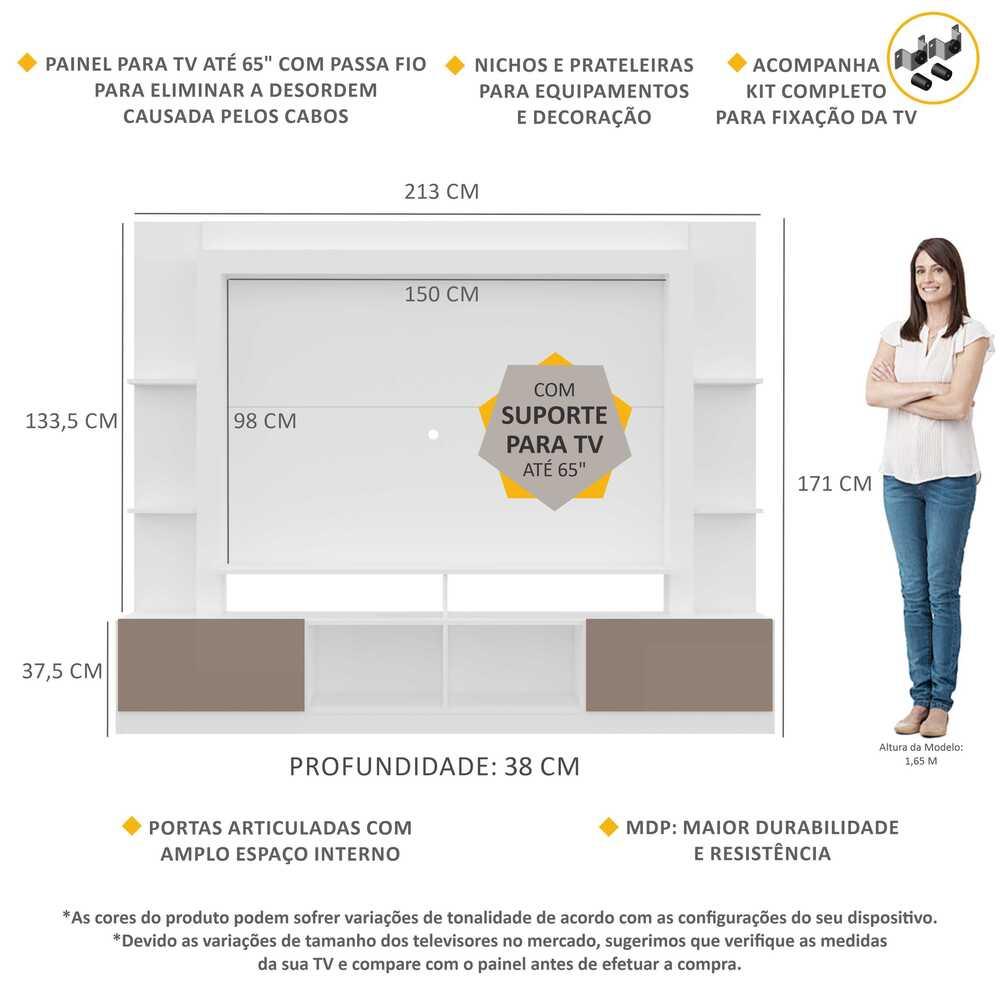 Rack Estante com Painel e Suporte TV 65" e 2 portas Oslo Multimóveis Branco/Lacca Fumê