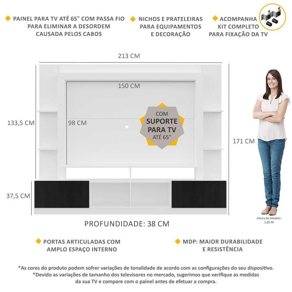 Rack Estante com Painel e Suporte TV 65" e 2 portas Oslo Multimóveis Branco/Preto