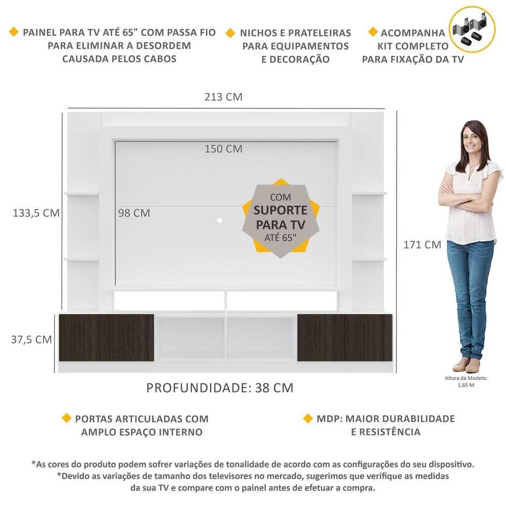 Rack Estante com Painel e Suporte TV 65" e 2 portas Oslo Multimóveis Branco/Tenerife