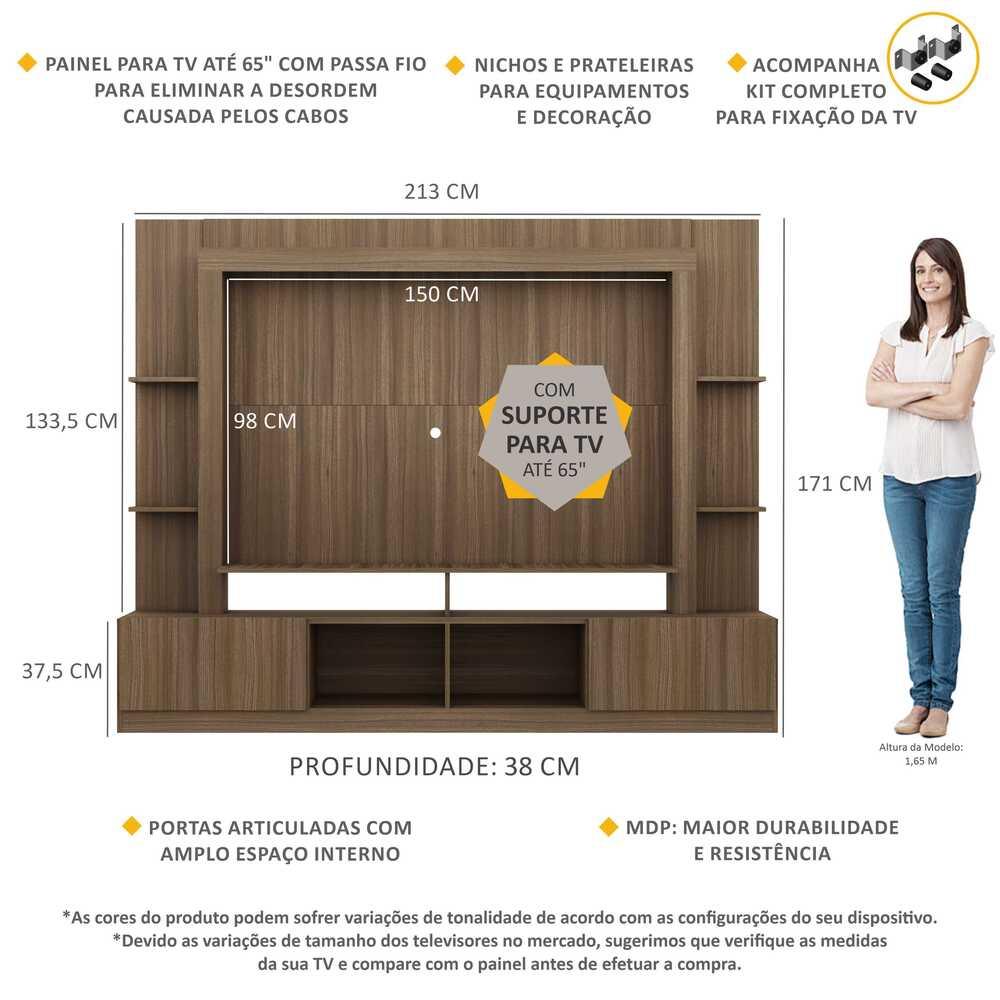 Rack Estante com Painel e Suporte TV 65" e 2 portas Oslo Multimóveis Madeirado
