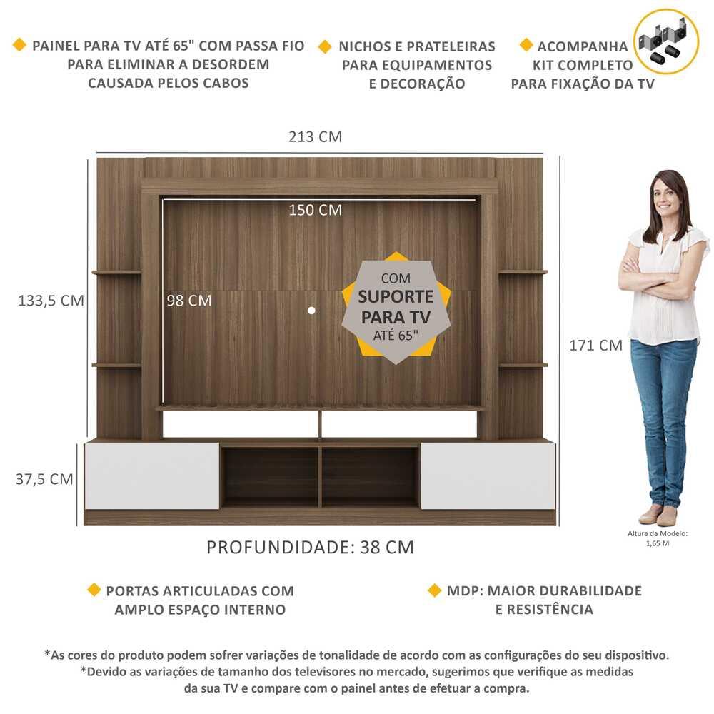 Rack Estante com Painel e Suporte TV 65" e 2 portas Oslo Multimóveis Madeirado/Branco