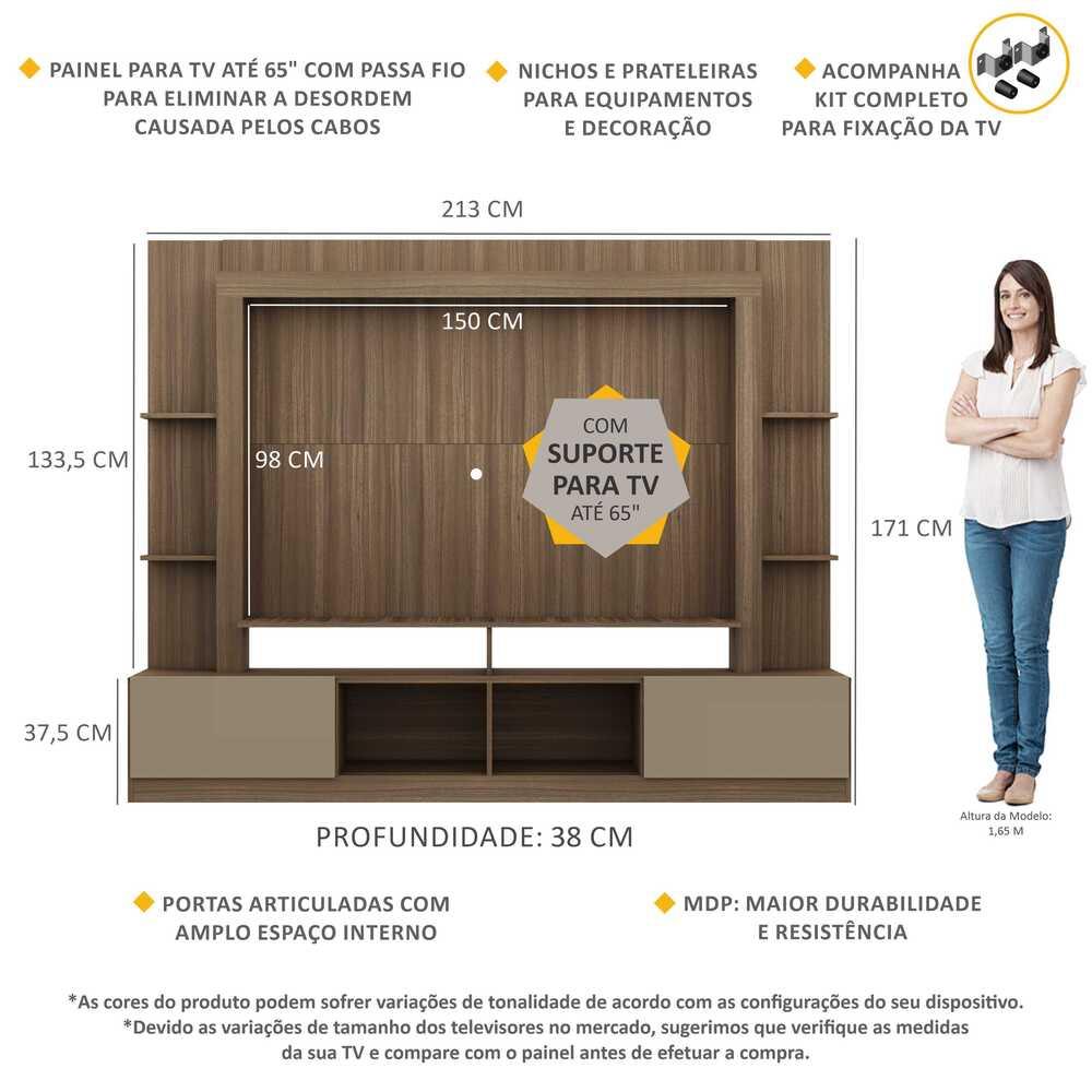 Rack Estante com Painel e Suporte TV 65" e 2 portas Oslo Multimóveis Madeirado/Lacca Fumê