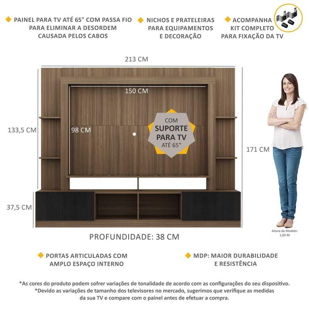 Rack Estante com Painel e Suporte TV 65" e 2 portas Oslo Multimóveis Madeirado/Preto