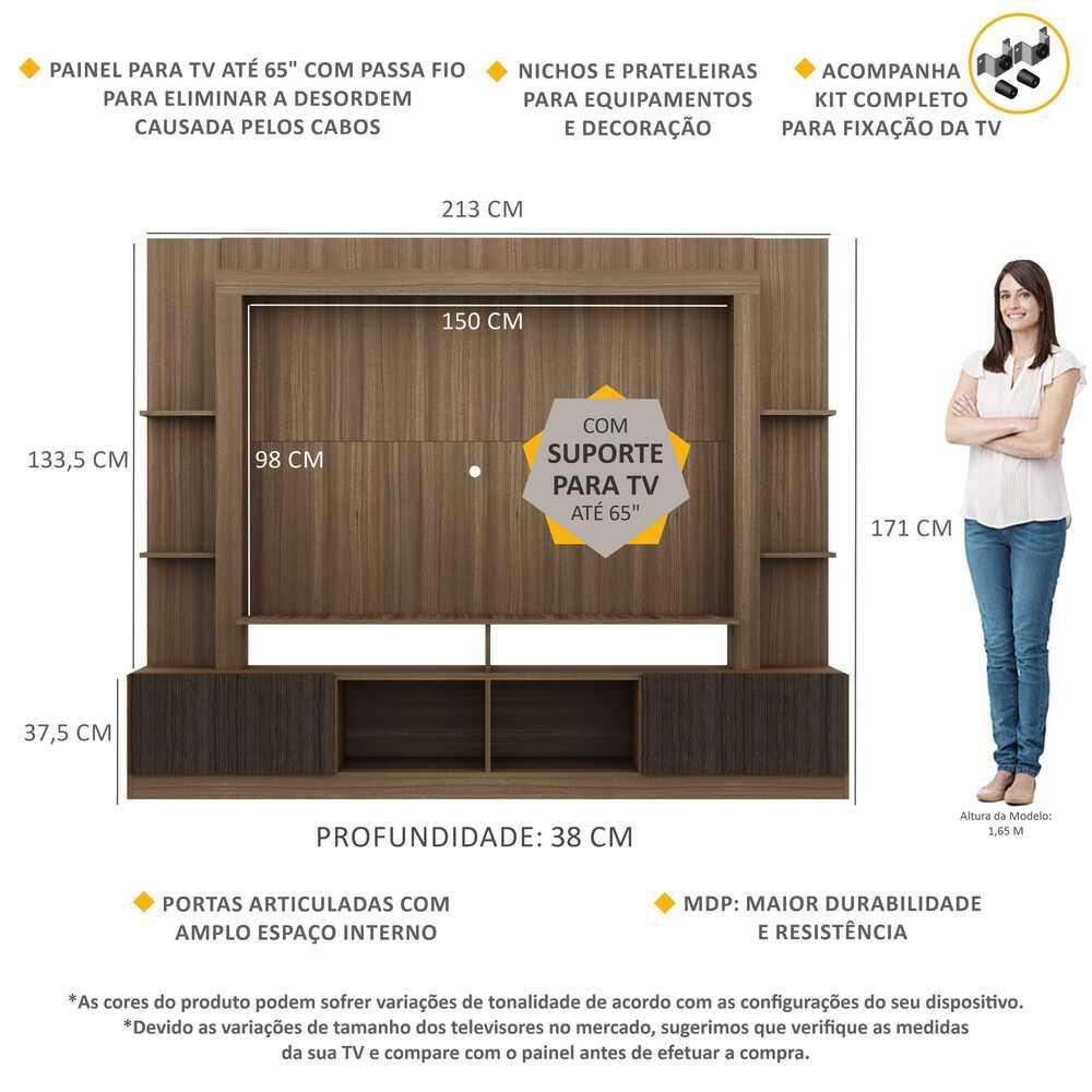 Rack Estante com Painel e Suporte TV 65" e 2 portas Oslo Multimóveis Madeirado/Tenerife
