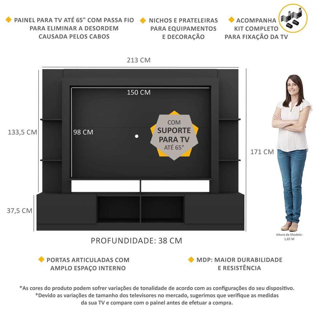 Rack Estante com Painel e Suporte TV 65" e 2 portas Oslo Multimóveis Preto