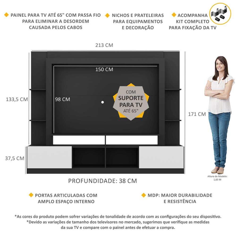 Rack Estante com Painel e Suporte TV 65" e 2 portas Oslo Multimóveis Preto/Branco