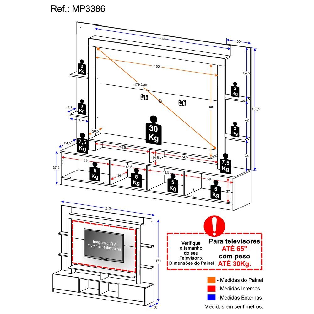 Rack Estante com Painel e Suporte TV 65" e 2 portas Oslo Multimóveis Preto/Branco