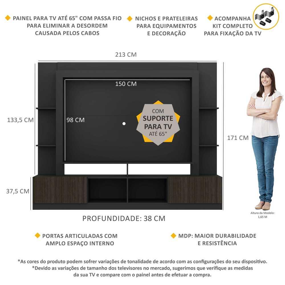 Rack Estante com Painel e Suporte TV 65" e 2 portas Oslo Multimóveis Preto/Tenerife