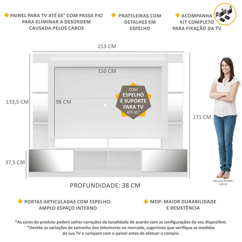Rack Estante com Suporte TV 65" e Espelho Oslo Multimóveis Branco/Tenerife