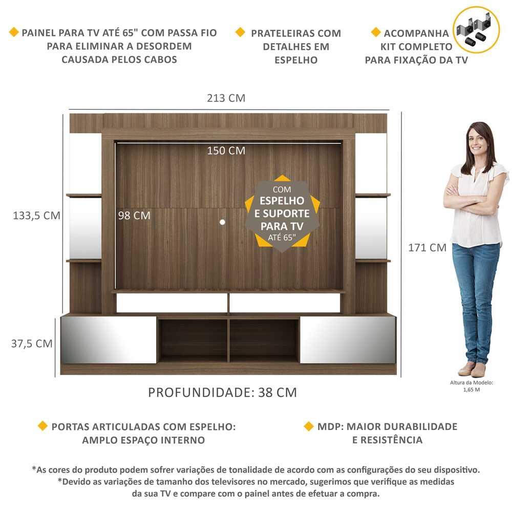 Rack Estante com Suporte TV 65" e Espelho Oslo Multimóveis Madeirado/Lacca Fumê