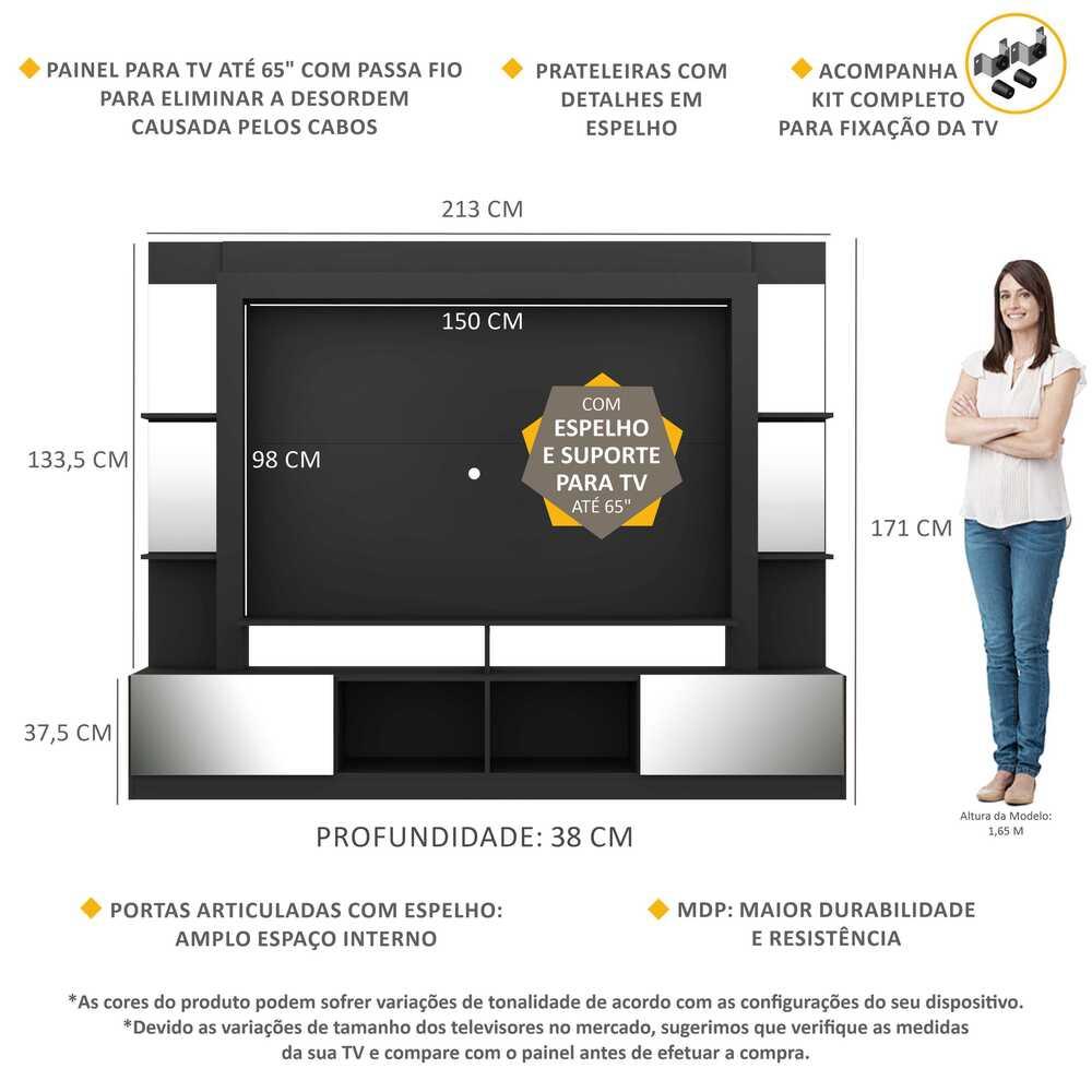 Rack Estante com Suporte TV 65" e Espelho Oslo Multimóveis Preto/Tenerife