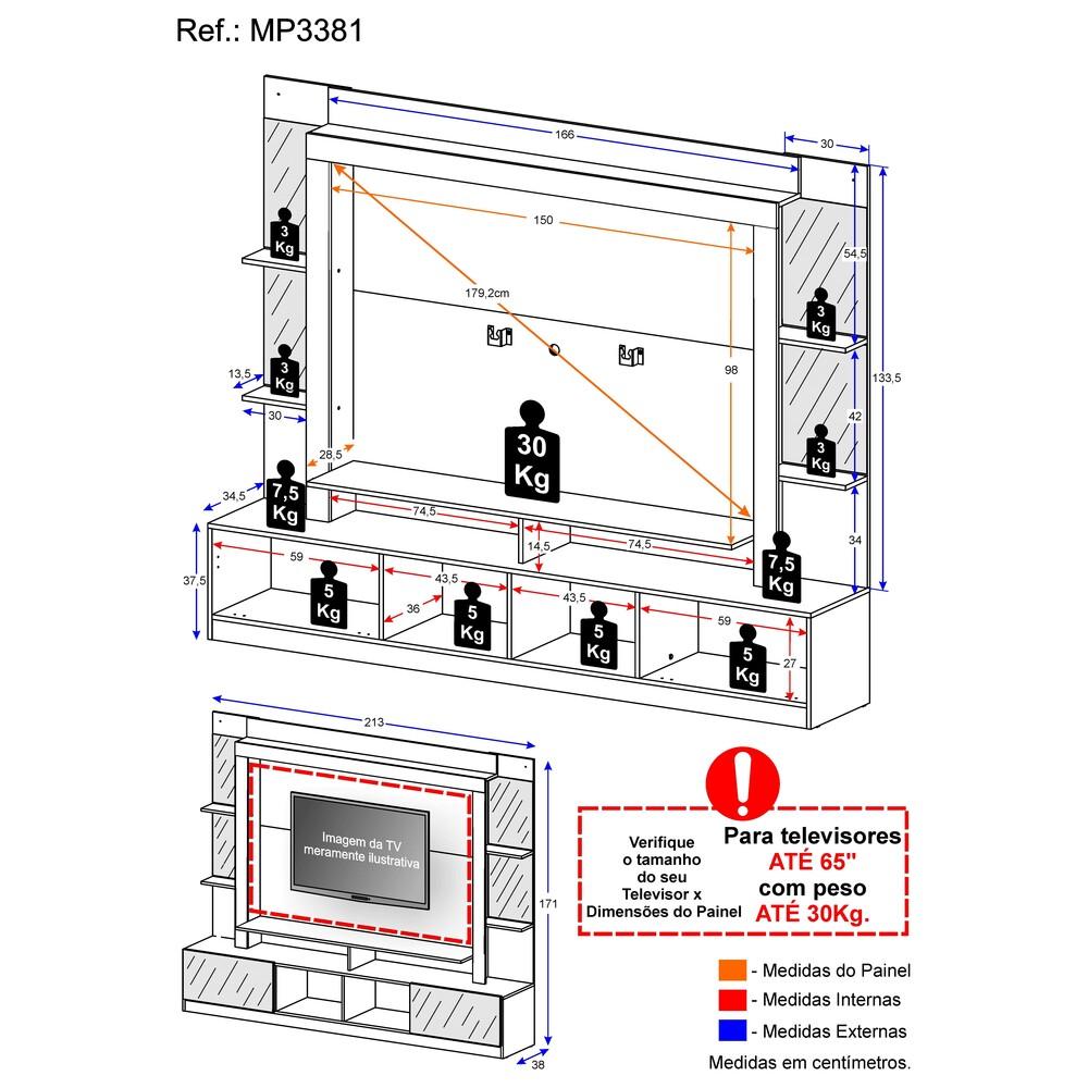 Rack Estante com Suporte TV 65" e Espelho Oslo Multimóveis Preto/Tenerife