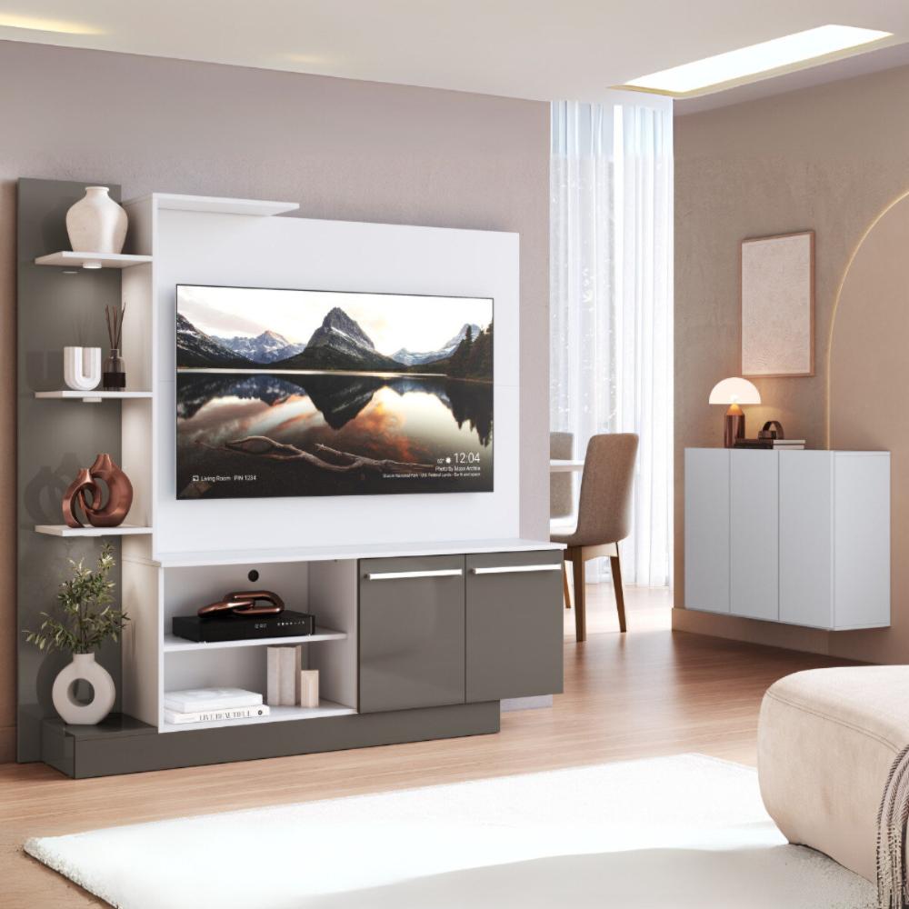 Rack Painel com Suporte para TV até 55 Polegadas e Aparador 3 Portas Multimóveis MP1098 Branco/Lacca Fumê