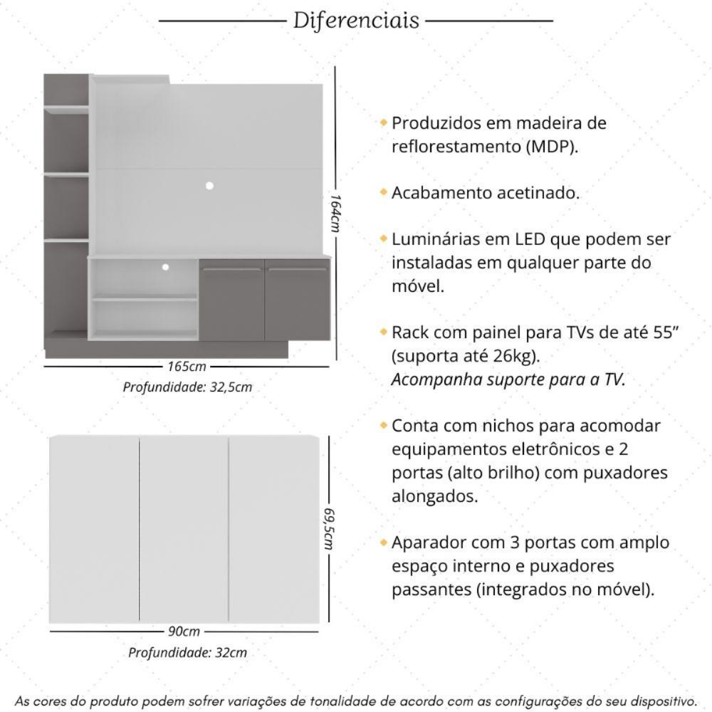 Rack Painel com Suporte para TV até 55 Polegadas e Aparador 3 Portas Multimóveis MP1098 Branco/Lacca Fumê