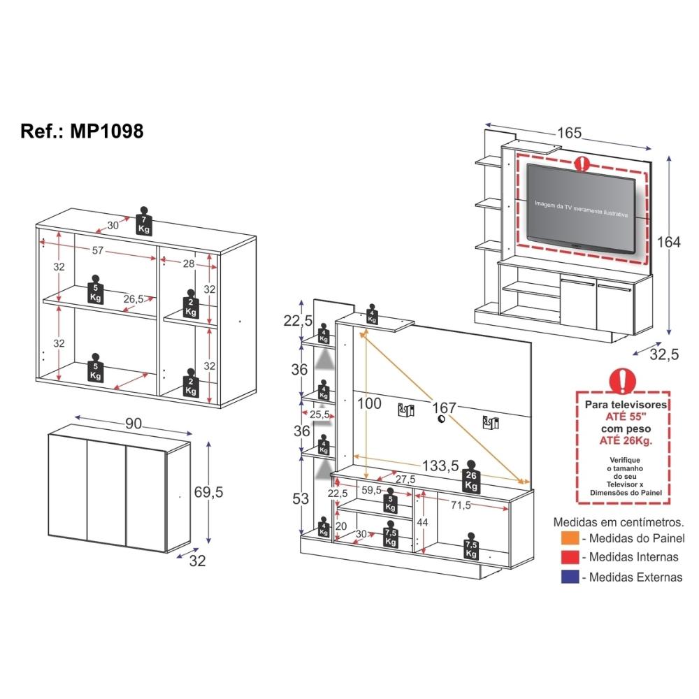 Rack Painel com Suporte para TV até 55 Polegadas e Aparador 3 Portas Multimóveis MP1098 Branco/Lacca Fumê