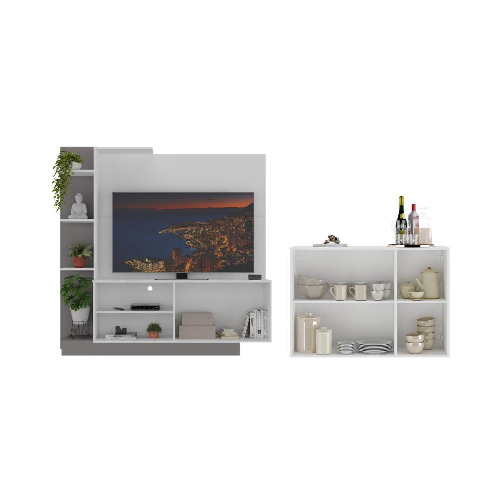 Rack Painel com Suporte para TV até 55 Polegadas e Aparador 3 Portas Multimóveis MP1098 Branco/Lacca Fumê