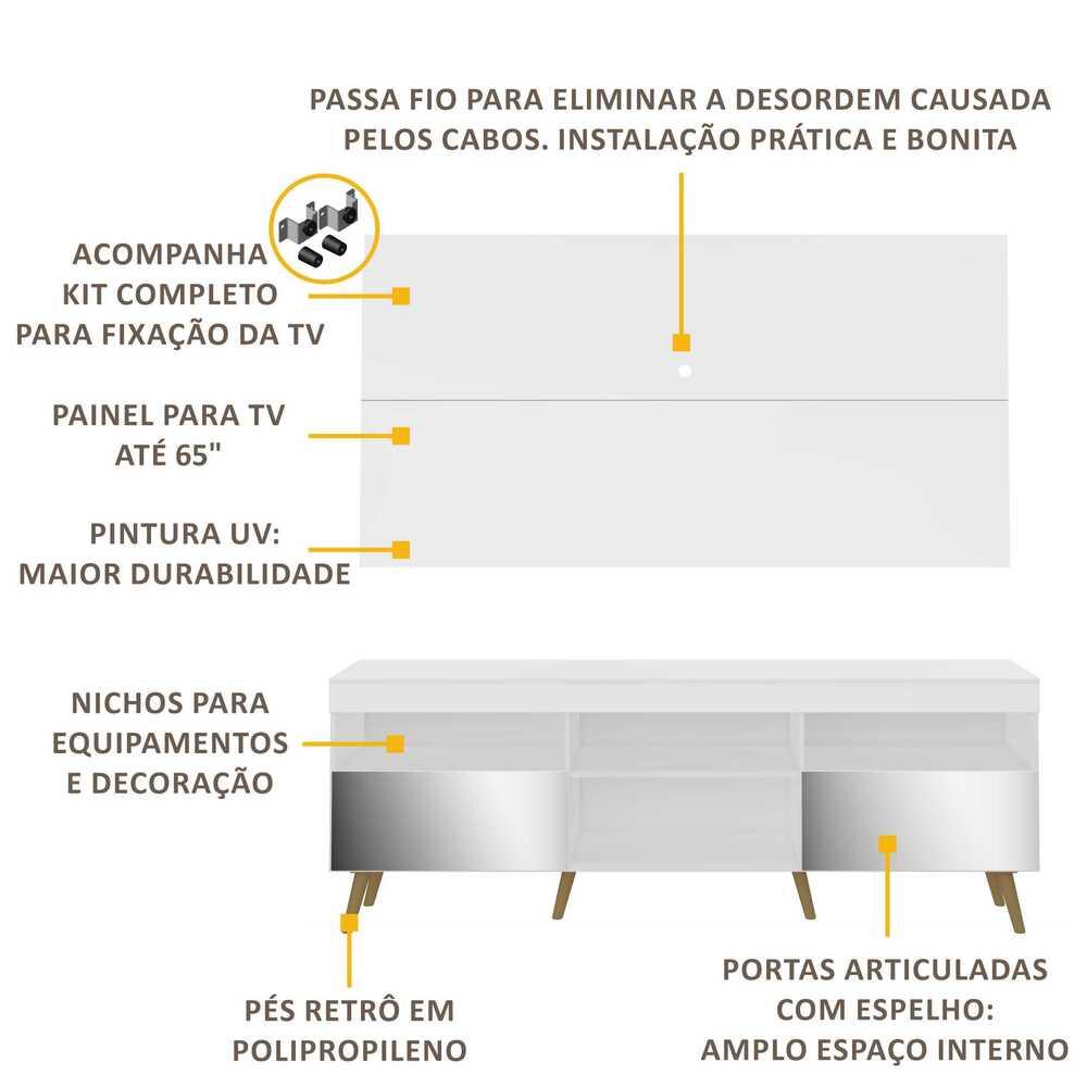 Rack Retrô c/ Espelho e Painel com Suporte para TV até 65" Multimóveis Flórida FG3142 Branco/Natural