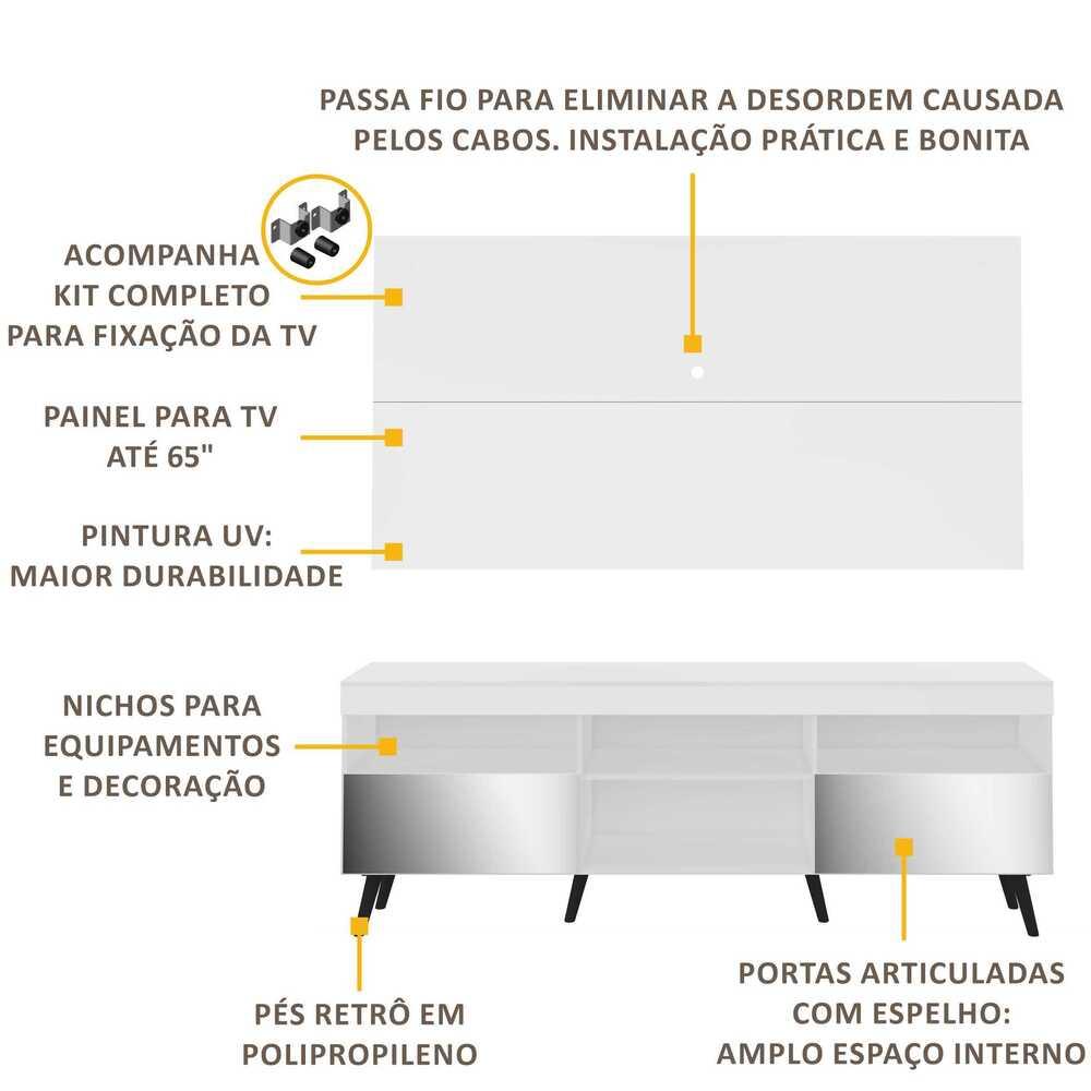Rack Retrô com Espelho e Painel com Suporte para TV até 65" Multimóveis Flórida FG3142 Branco/Preto