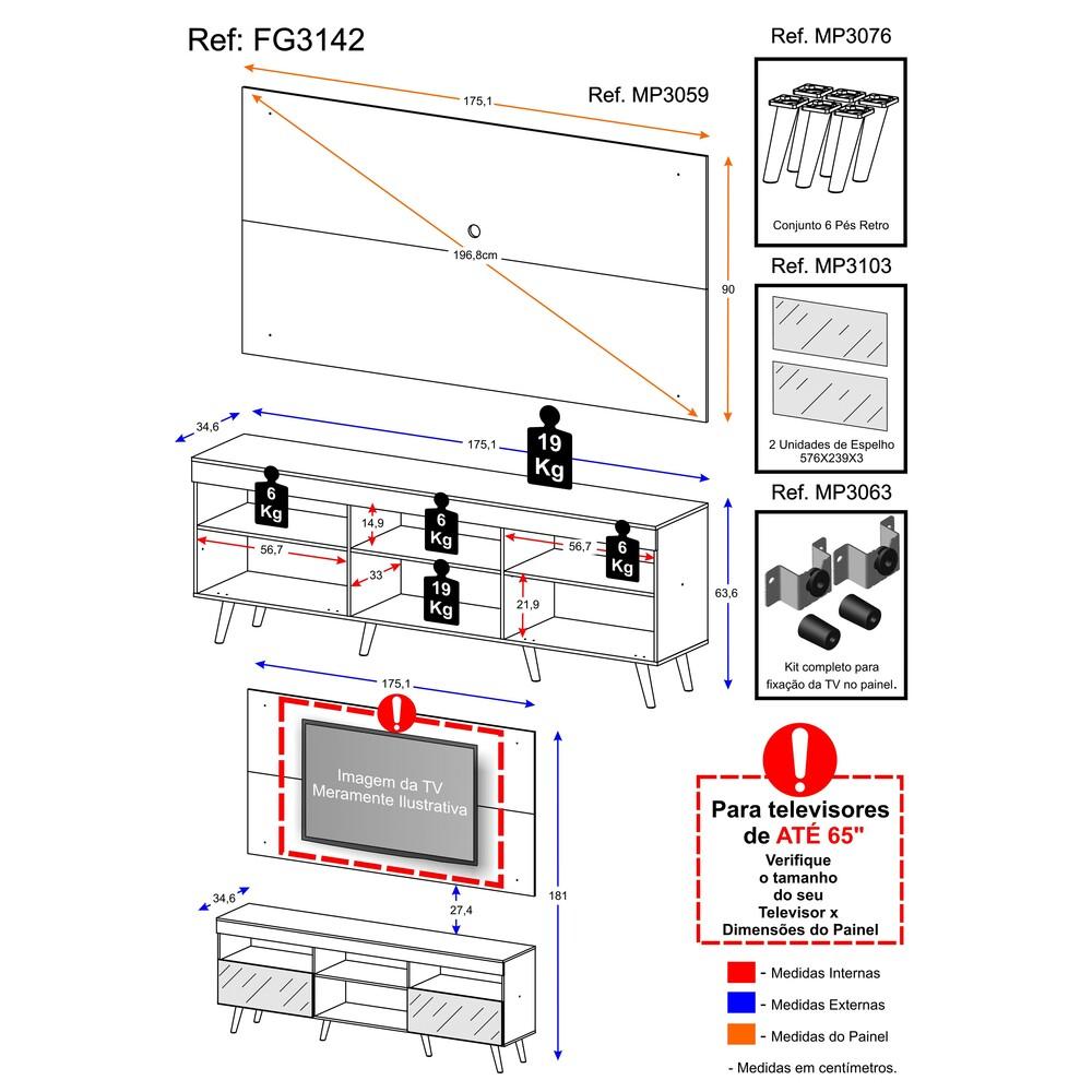 Rack Retrô com Espelho e Painel com Suporte para TV até 65" Multimóveis Flórida FG3142 Branco/Preto