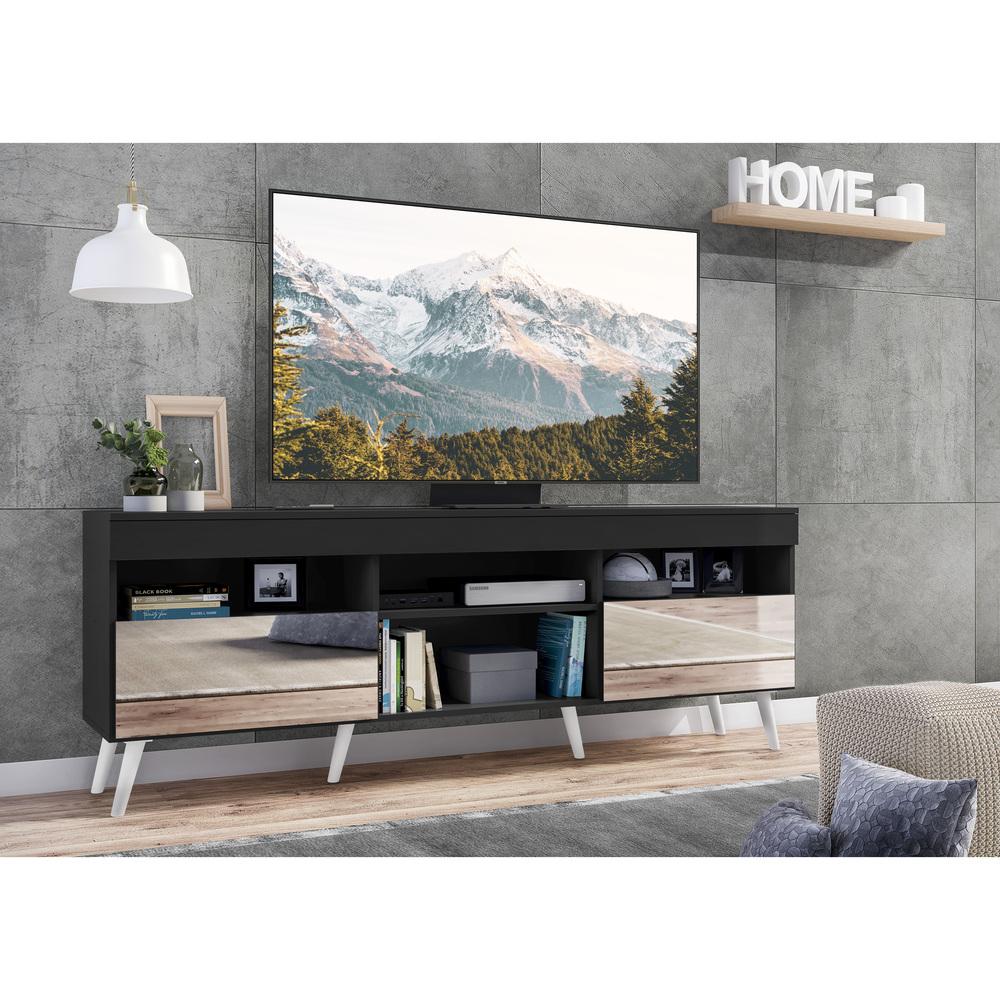 Rack Retrô com Espelho para TV até 65" Multimóveis Paris FG3332 com 2 Portas Preto/Branco