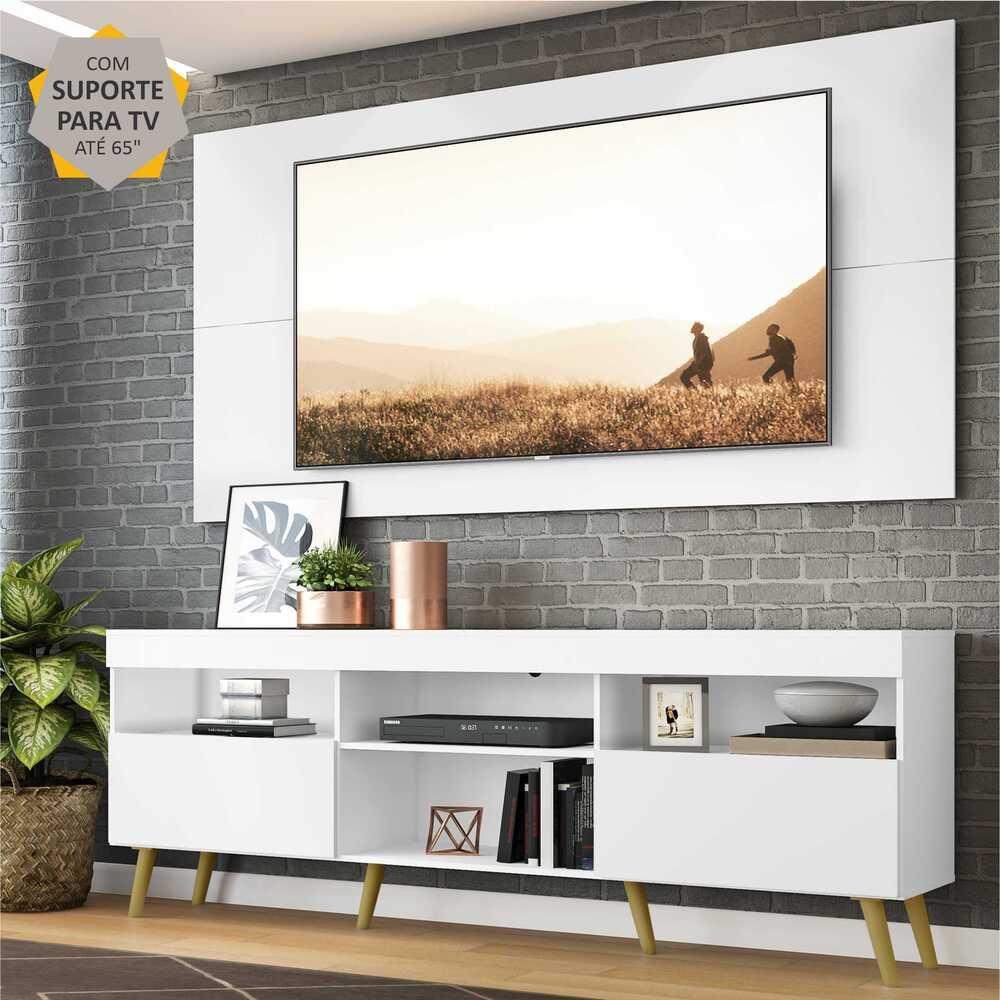 Rack Retrô com Painel e Suporte para TV até 65" Multimóveis Flórida FG3134 Branco/Natural