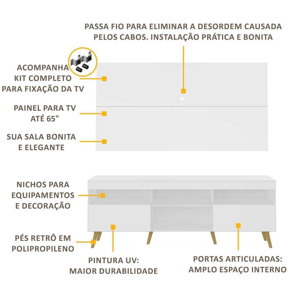 Rack Retrô com Painel e Suporte para TV até 65" Multimóveis Flórida FG3134 Branco/Natural