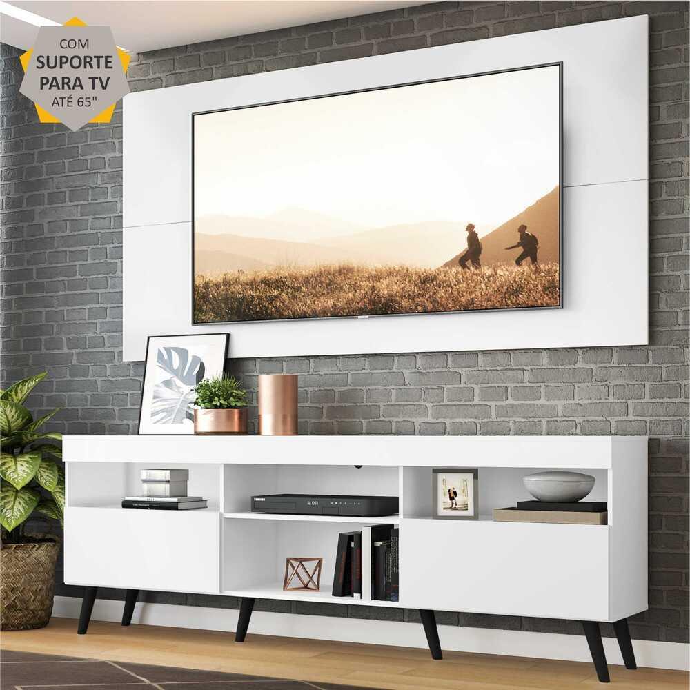 Rack Retrô com Painel e Suporte para TV até 65" Multimóveis Flórida FG3134 Branco/Preto