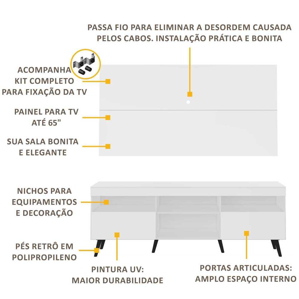 Rack Retrô com Painel e Suporte para TV até 65" Multimóveis Flórida FG3134 Branco/Preto