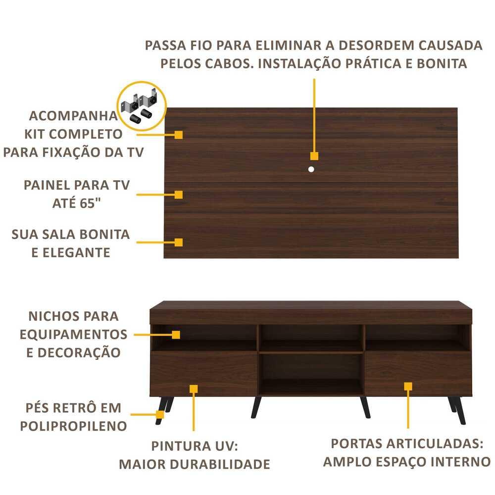 Rack Retrô com Painel e Suporte para TV até 65" Multimóveis Flórida FG3134 Madeirado/Preto