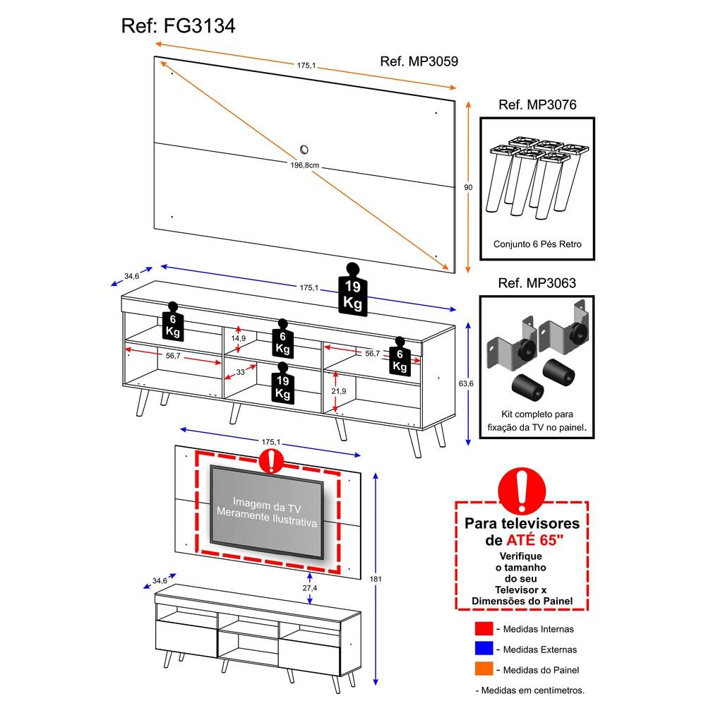 Rack Retrô com Painel e Suporte para TV até 65" Multimóveis Flórida FG3134 Madeirado/Preto