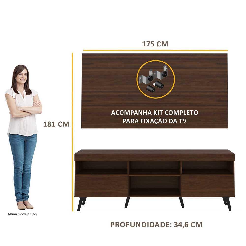 Rack Retrô com Painel e Suporte para TV até 65" Multimóveis Flórida FG3134 Madeirado/Preto