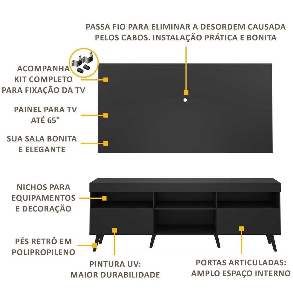 Rack Retrô com Painel e Suporte para TV até 65" Multimóveis Flórida FG3134 Preto