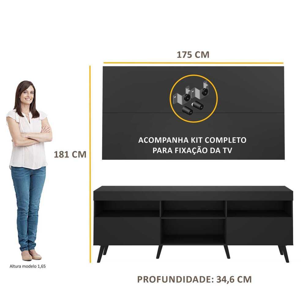 Rack Retrô com Painel e Suporte para TV até 65" Multimóveis Flórida FG3134 Preto