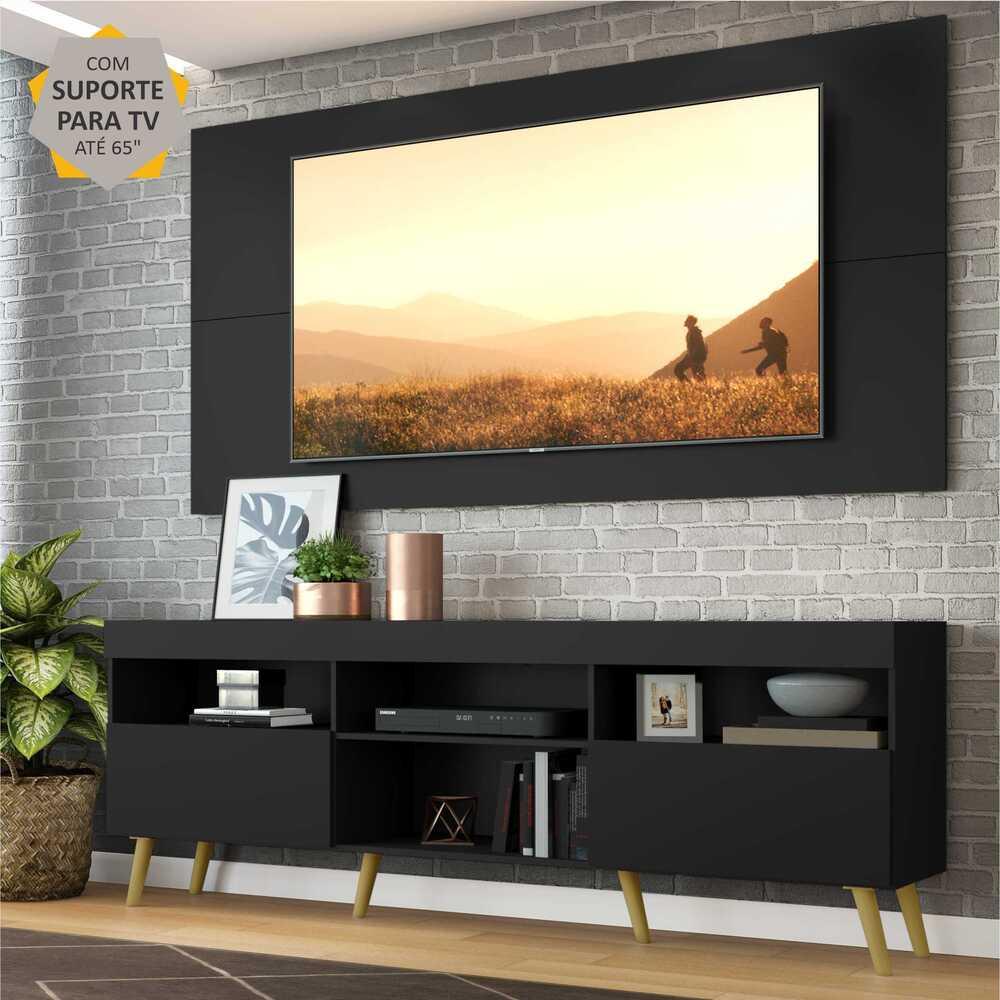 Rack Retrô com Painel e Suporte para TV até 65" Multimóveis Flórida FG3134 Preto/Natural