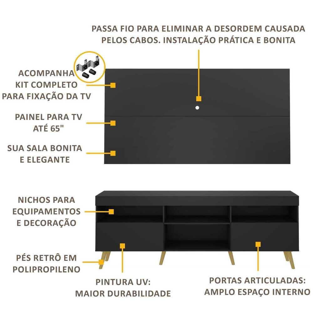 Rack Retrô com Painel e Suporte para TV até 65" Multimóveis Flórida FG3134 Preto/Natural