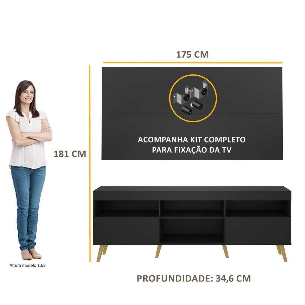 Rack Retrô com Painel e Suporte para TV até 65" Multimóveis Flórida FG3134 Preto/Natural