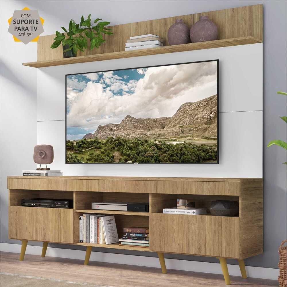 Rack Retrô com Painel e Suporte para TV até 65" Multimóveis Madri FG3374 Rustic/Branco