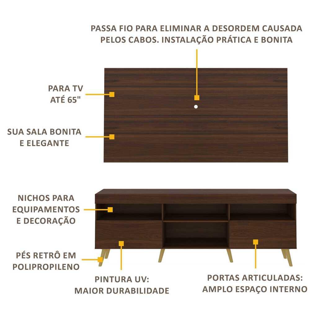 Rack Retrô com Painel para TV até 65" Multimóveis Flórida FG3133 Madeirado/Natural