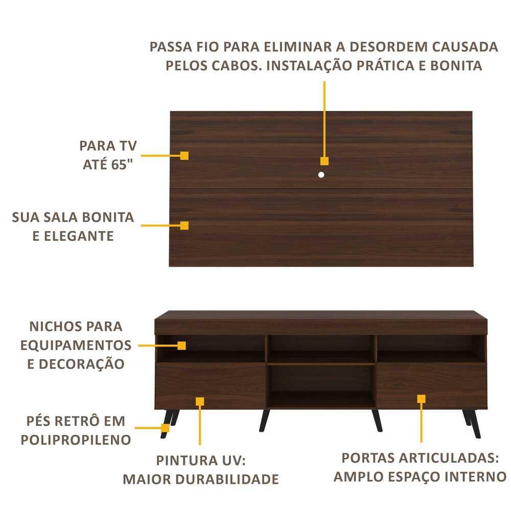 Rack Retrô com Painel para TV até 65" Multimóveis Flórida FG3133 Madeirado/Preto