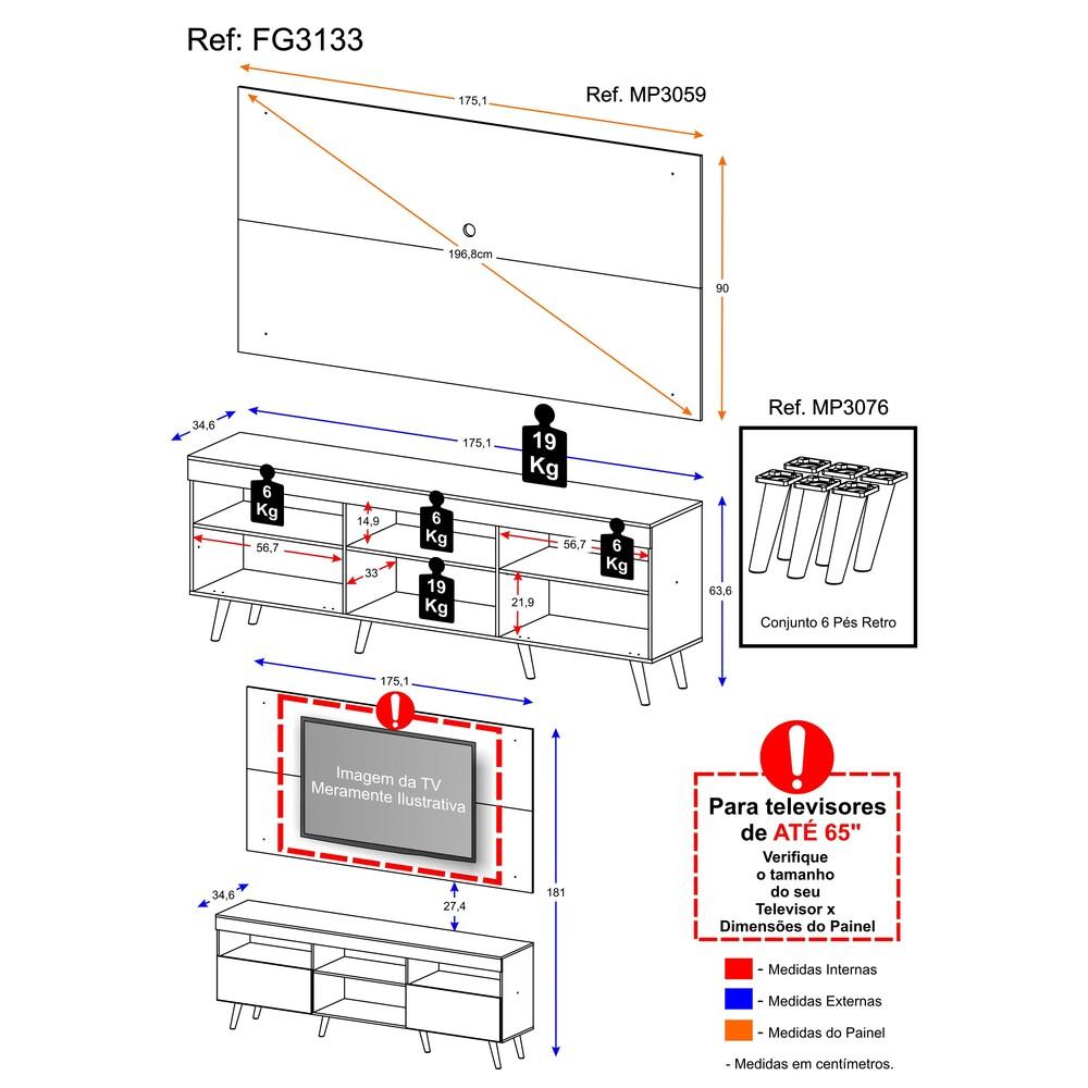 Rack Retrô com Painel para TV até 65" Multimóveis Flórida FG3133 Madeirado/Preto