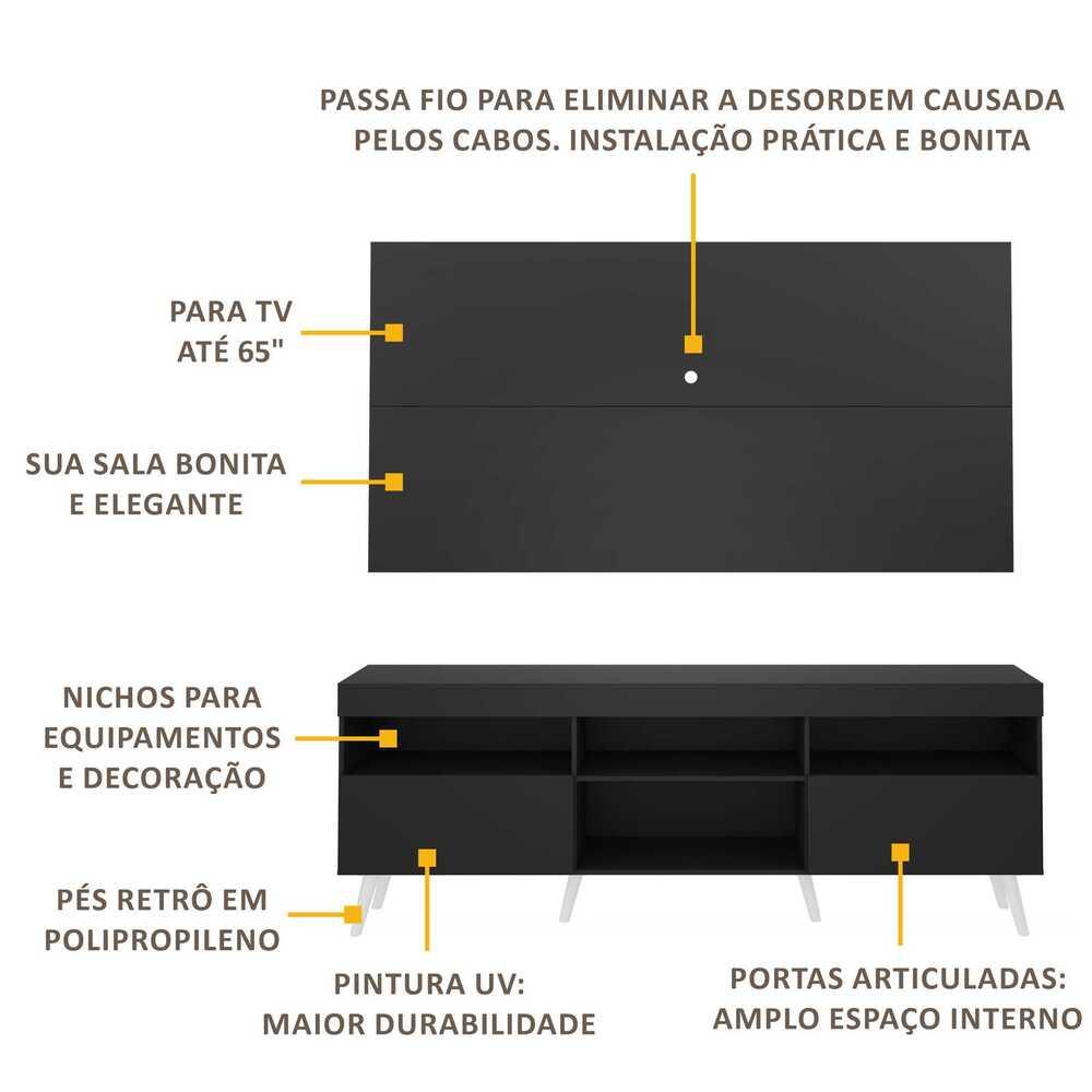 Rack Retrô com Painel para TV até 65" Multimóveis Flórida FG3133 Preto/Branco