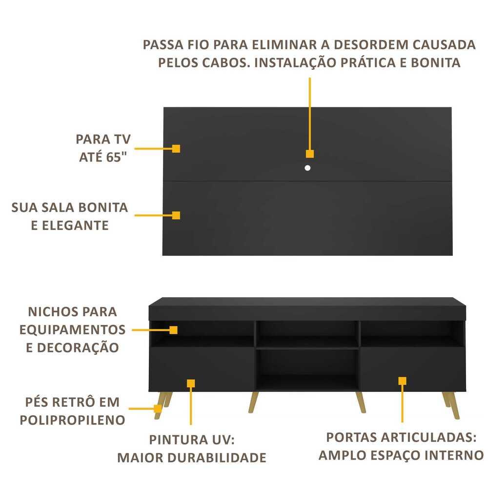 Rack Retrô com Painel para TV até 65" Multimóveis Flórida FG3133 Preto/Natural