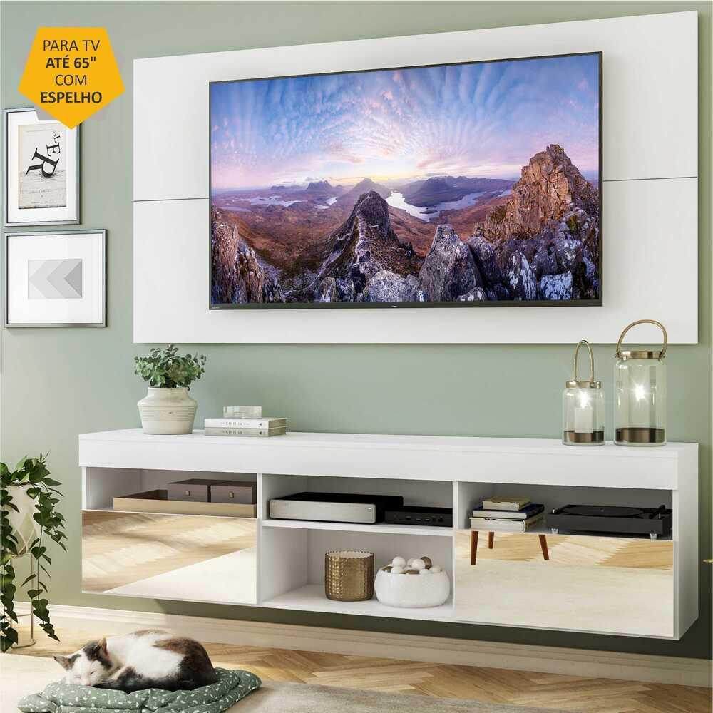Rack Suspenso com Espelho, Painel TV 65" e  2 Portas Londres Multimóveis Branco
