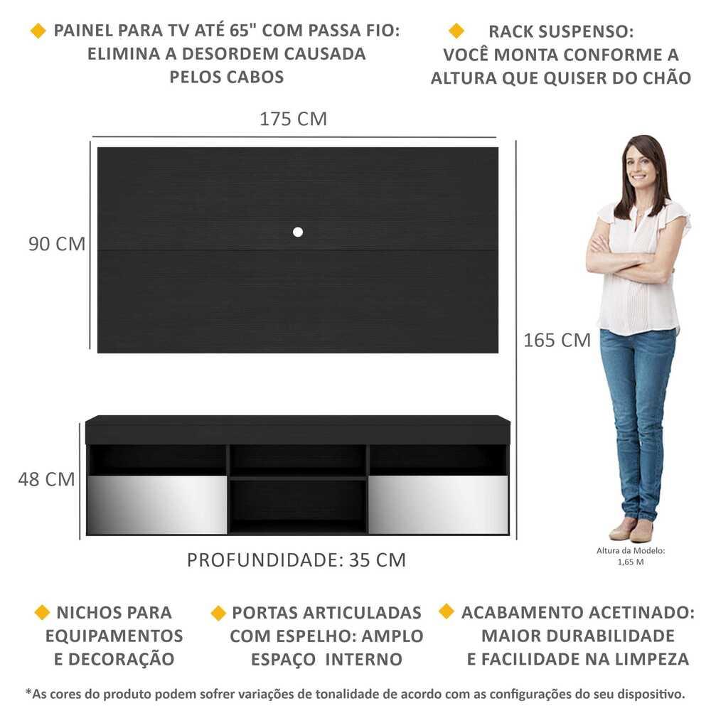 Rack Suspenso com Espelho, Painel TV 65" e  2 Portas Londres Multimóveis Preto