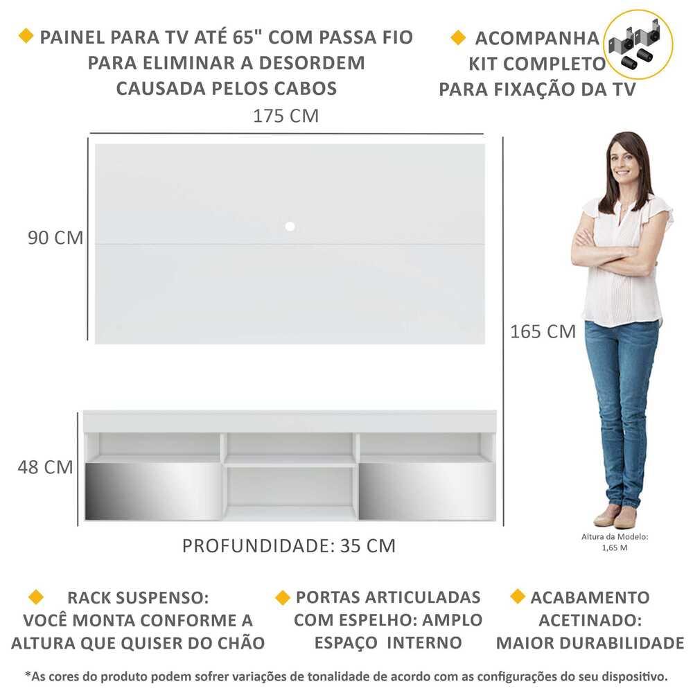 Rack Suspenso com Espelho, Painel e Suporte TV 65" com 2 Portas Londres Multimóveis Branco