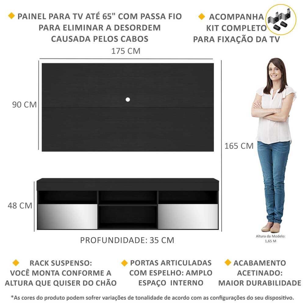 Rack Suspenso com Espelho, Painel e Suporte TV 65" com 2 Portas Londres Multimóveis Preto
