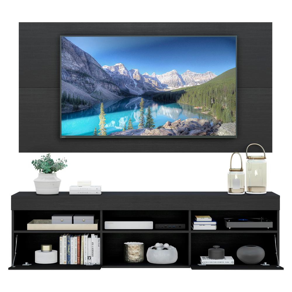 Rack Suspenso com Espelho, Painel e Suporte TV 65" com 2 Portas Londres Multimóveis Preto
