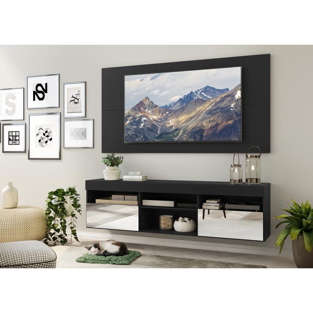 Rack Suspenso com Espelho, Painel e Suporte TV 65" com 2 Portas Londres Multimóveis Preto