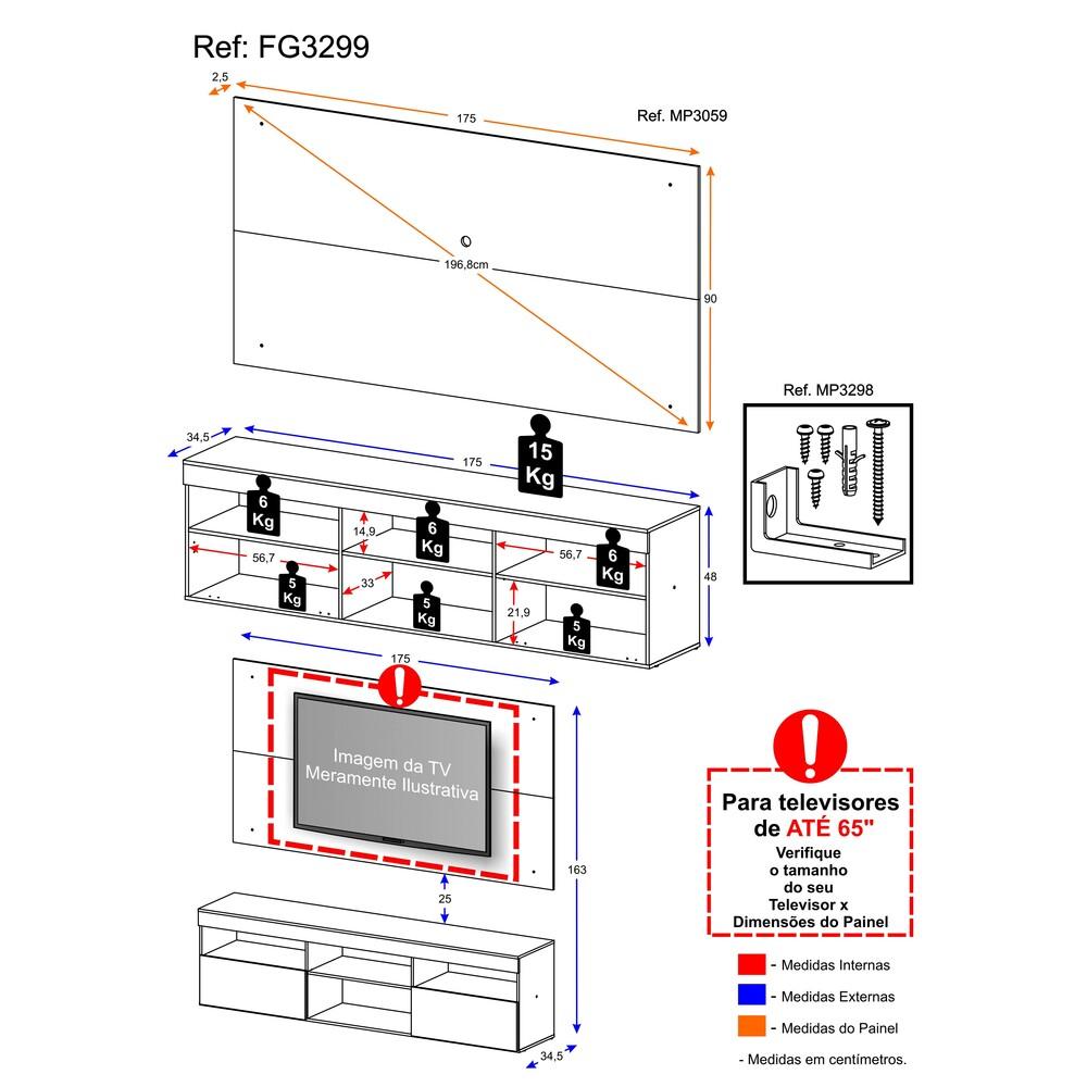 Rack Suspenso com Painel para TV até 65" Multimóveis Flórida FG3299 Branco